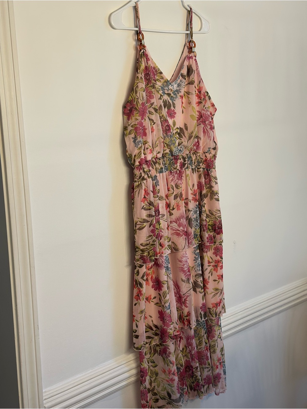 Kate and Lily 16W Pink Floral Tiered Midi Dress Smocked Waist